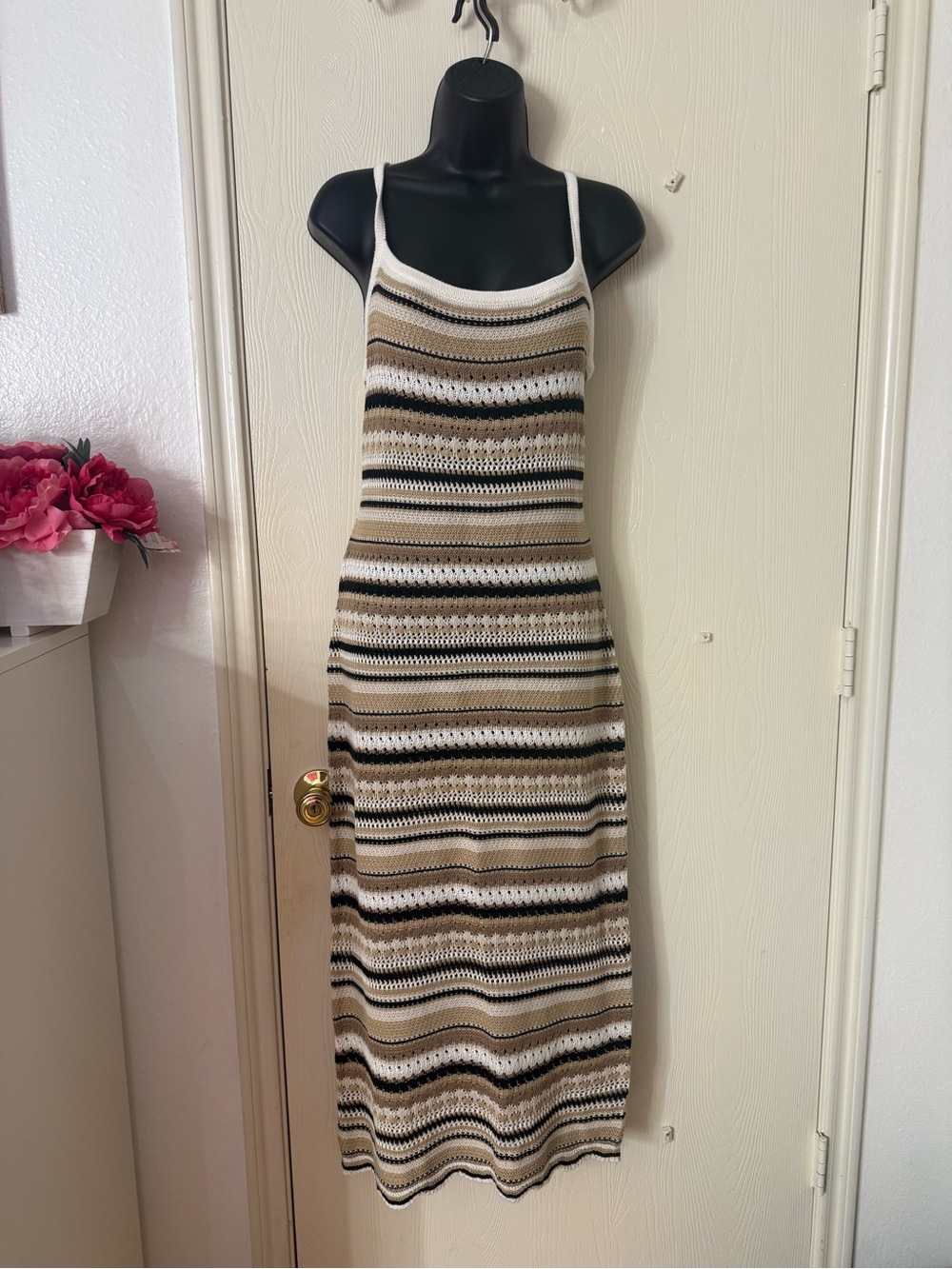 No Boundaries Striped Knit Maxi Dress in Beige, White & Black